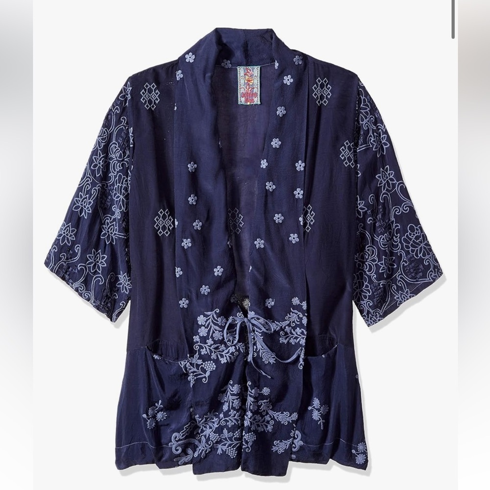 Johnny Was Embroidered Motley Embroidered Kimono Cardigan Navy Tonal Boho Jacket - Picture 4 of 9